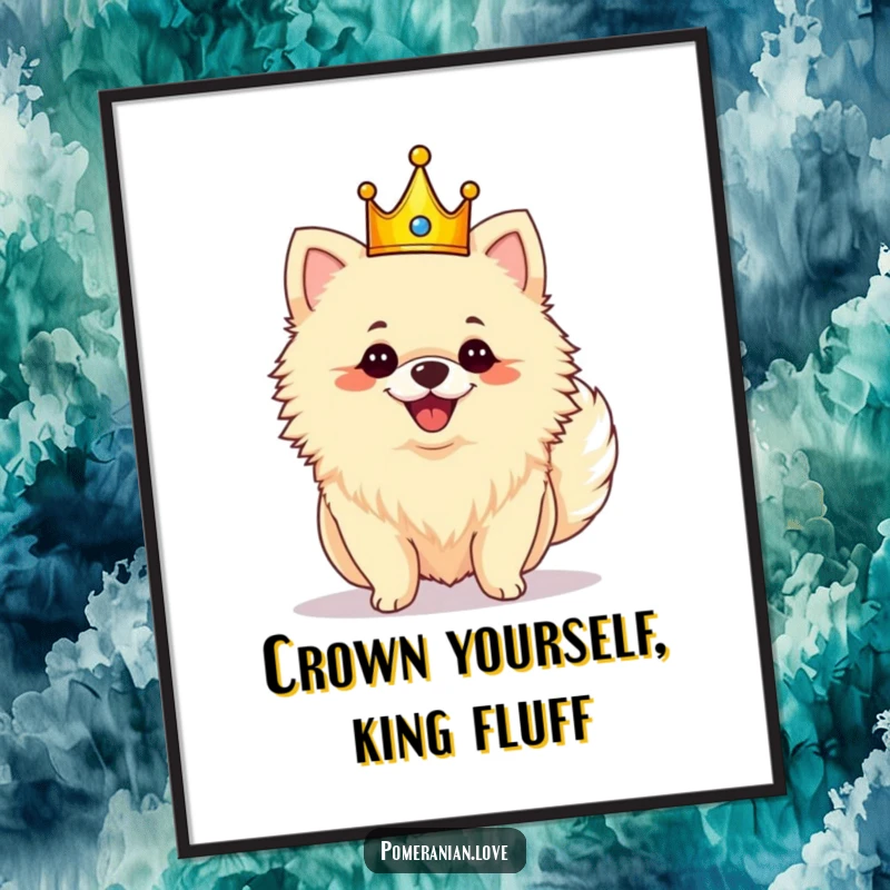 Free Printable Wall Art of a majestic Pomeranian wearing a crown and wagging its tail with pure glee, a fun decor piece.