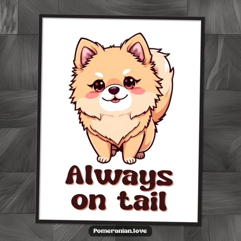 Funny Free Printable Wall Art: A Pomeranian with its tail curled over its back, looking keenly alert and attentive.
