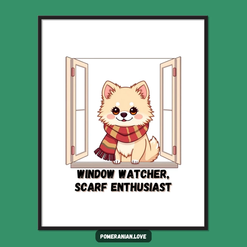 Free Printable Wall Art: Festive Pomeranian Window View. Humorous Downloadable Decor.