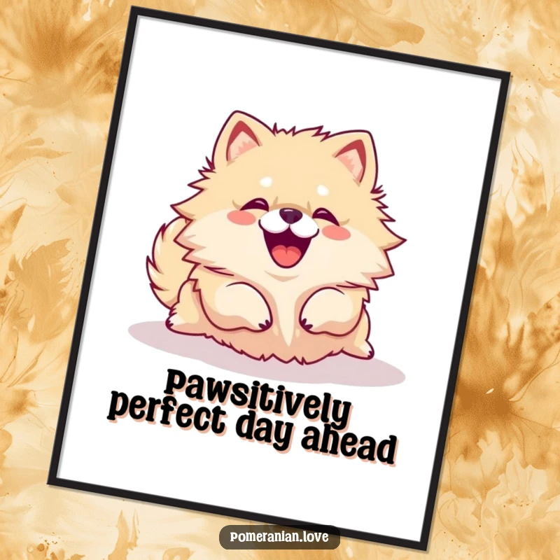 Funny Free Printable Wall Art: A Pomeranian character rolling over with a happy, joyful yip, playful decor.