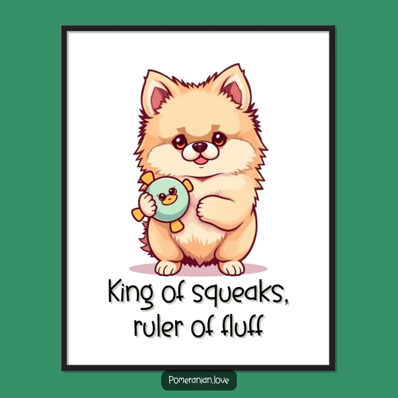 Free Printable Wall Art: Proud Pomeranian with Toy. Humorous Downloadable Decor.