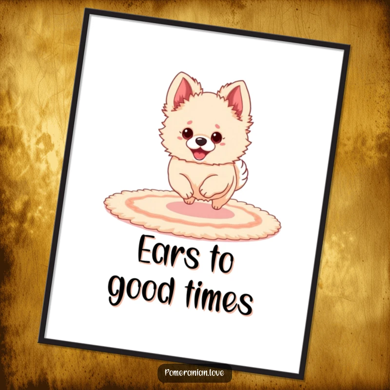 Funny Free Printable Wall Art of a Pomeranian with exaggerated ears, joyfully bouncing on a soft rug.