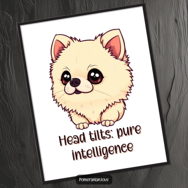 Funny Free Printable Wall Art: A fluffy Pomeranian tilting its head, gazing up with wide, innocent eyes, full of curiosity.