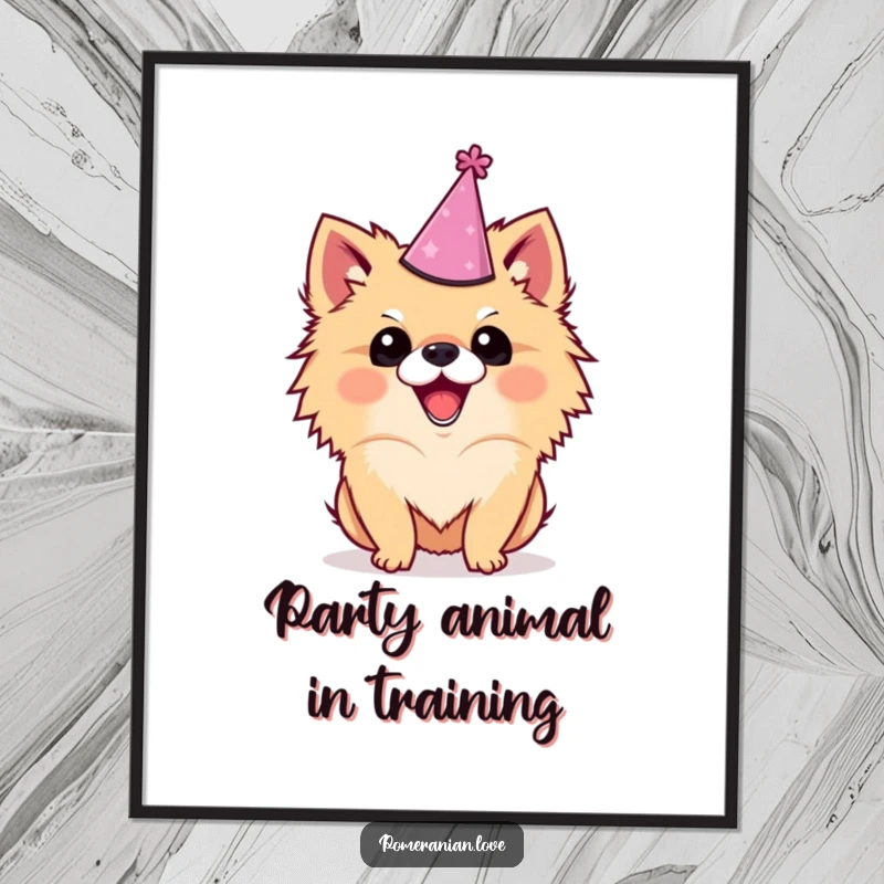 Funny Free Printable Wall Art: Excited Pomeranian dog wearing a party hat, wagging tail, full of playful energy.