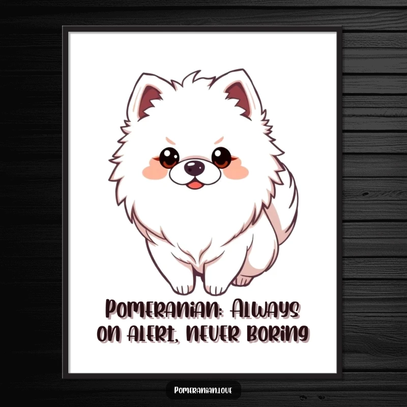 Funny Free Printable Pomeranian Wall Art: An alert Pomeranian with its tail curled, exuding attentiveness and playful charm.