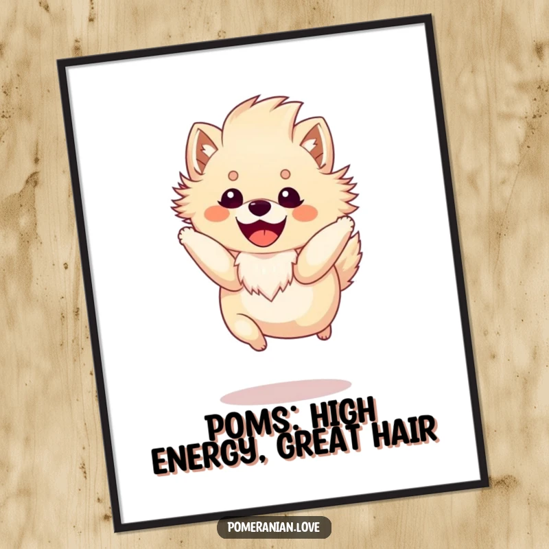 Funny Free Printable Pomeranian Wall Art: A happy Pomeranian with a big fluffy mane, captured mid-spirited jump.