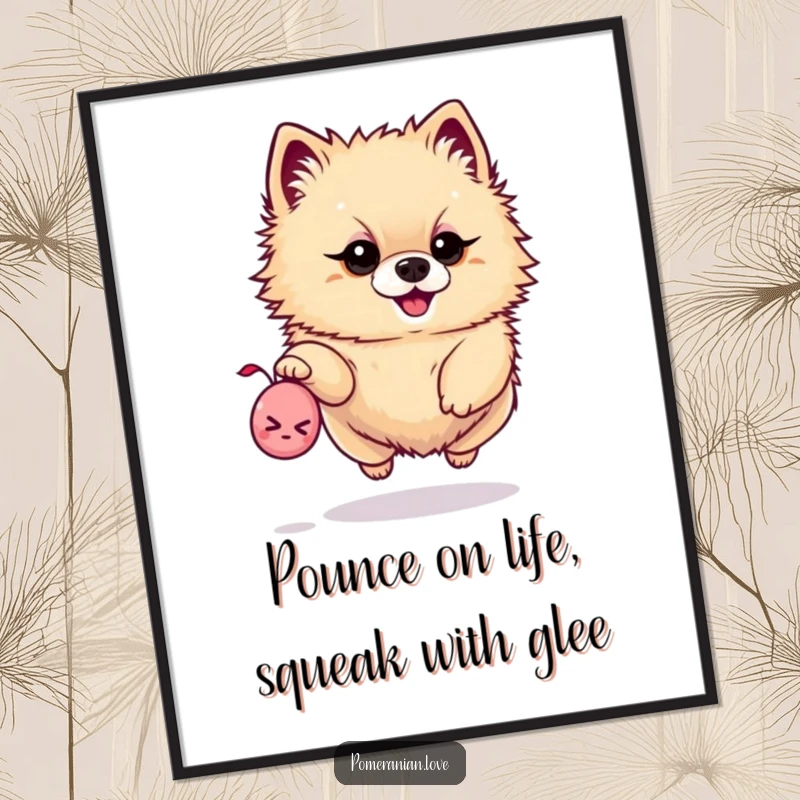 Funny free printable wall art of a Pomeranian with a determined look leaping for a tiny squeaky toy.