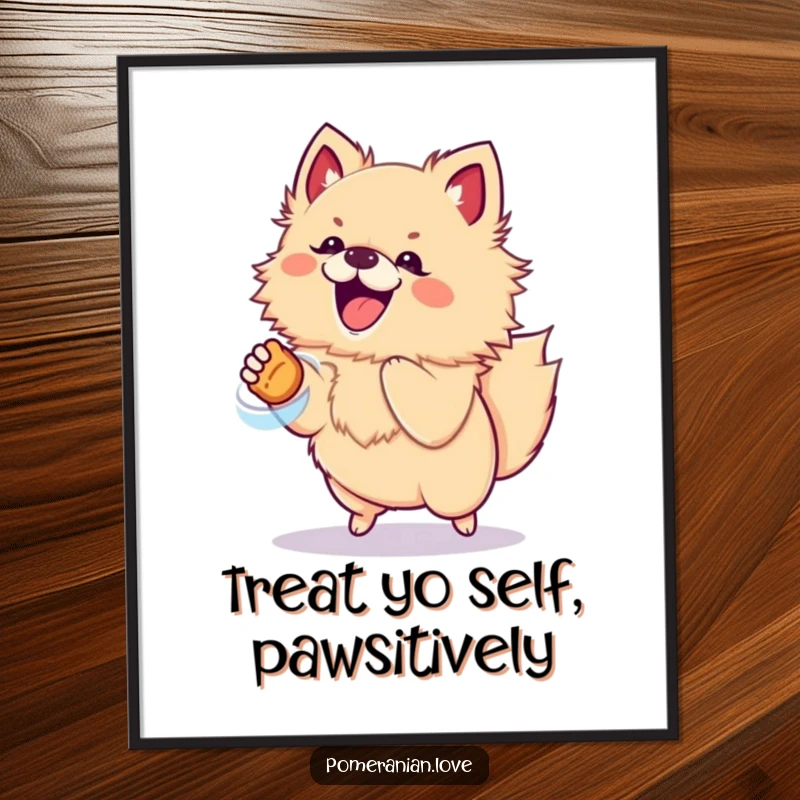 Funny Free Printable wall art of an excited pomeranian dog captured mid-air, jumping joyfully for a treat.