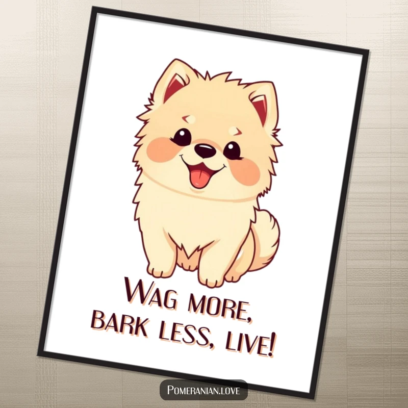 Funny Free Printable Wall Art: A fluffy Pomeranian with a happy panting face wags its tail with pure excitement.