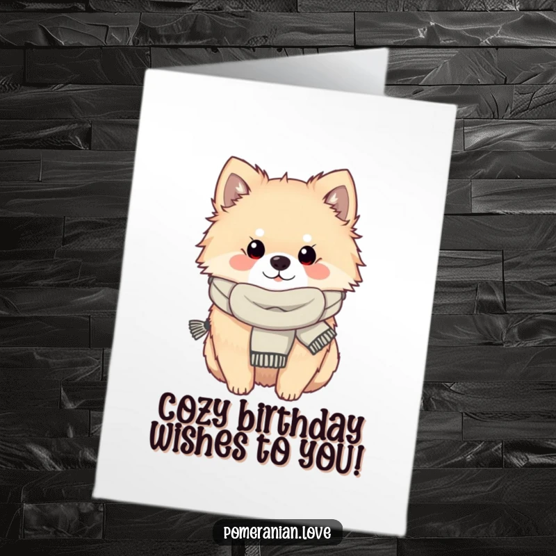 Funny Free Printable Pomeranian Birthday Card: A cozy Pomeranian in a scarf, wishing you a warm and happy birthday.