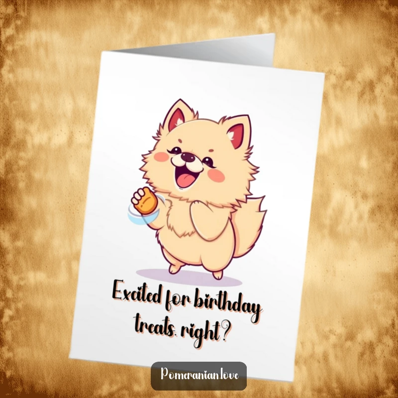 Funny Free Printable birthday card of an excited pomeranian jumping gleefully for a delicious treat.