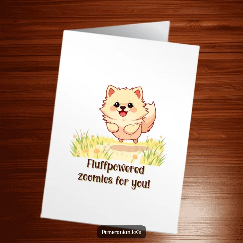Funny Free Printable Birthday Card: Energetic Pomeranian dog joyfully bounding through a sunny field, tail wagging.