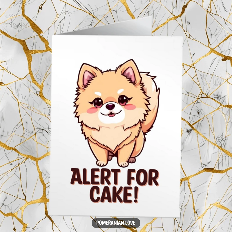 Funny Free Printable Birthday Card: An alert Pomeranian with tail curled, ears perked, surveying its surroundings.