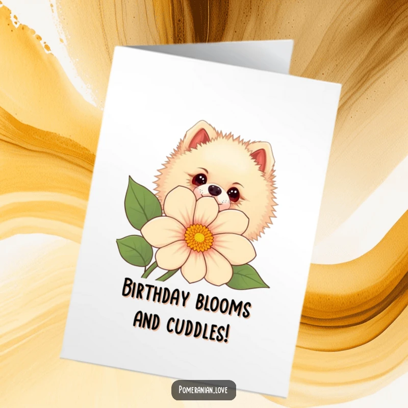 Funny Free Printable Birthday Card: Pomeranian peeking curiously from behind a large flower, sweet surprise.