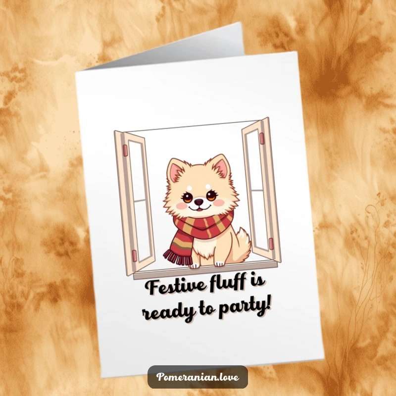 Funny Free Printable Birthday Card: A cute Pomeranian wearing a festive scarf peeking out a window.