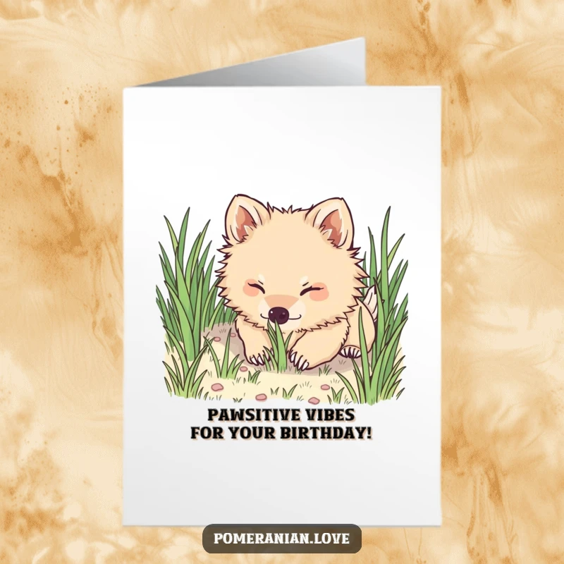 Funny free printable birthday card of a happy Pomeranian dog digging playfully in green grass, nose down, tail wagging.