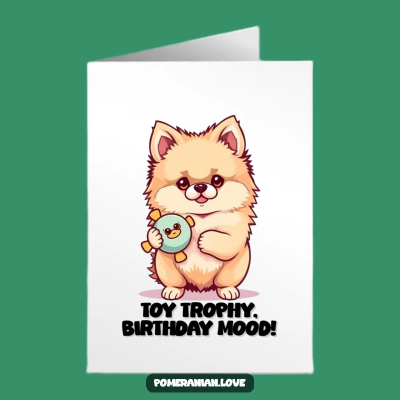 Free Printable Birthday Card: Proud Pomeranian with Squeaky Toy! Funny DIY Gift.