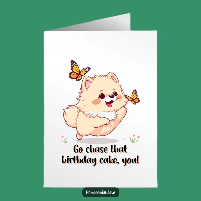 Free Printable Funny Birthday Card: Pomeranian Butterfly Chase - Joyful Download