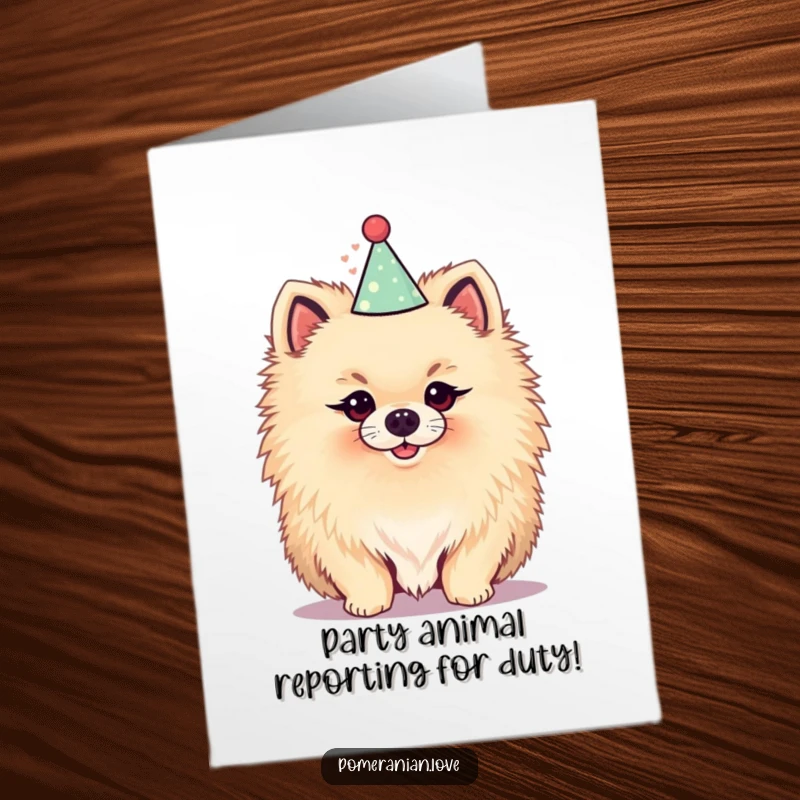 Funny Free Printable Birthday Card: Fluffy Pomeranian wearing a tiny party hat, looking perky and ready to celebrate.
