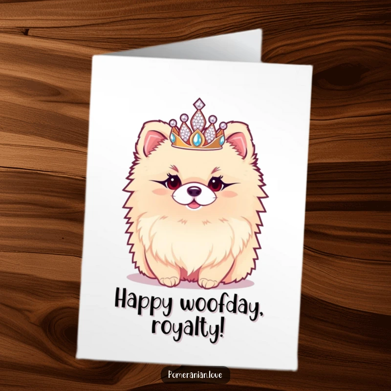 Funny Free Printable Birthday Card: Fluffy Pomeranian wearing a tiny sparkly tiara, looking regal and ready for a birthday celebration.
