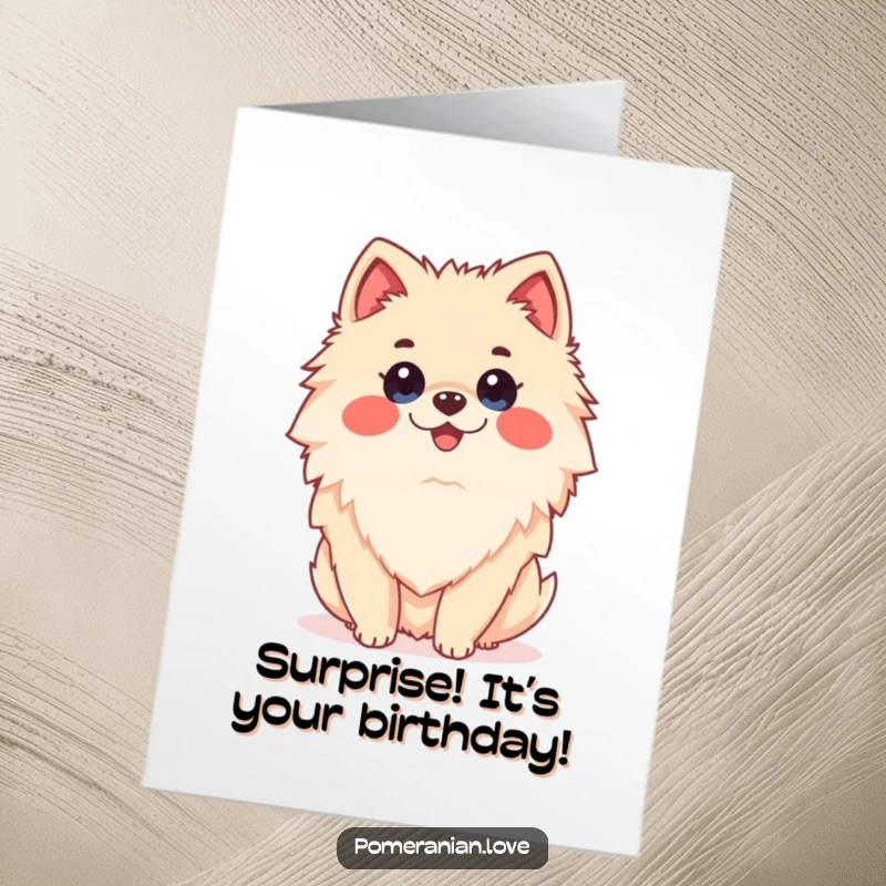Funny Free Printable Pomeranian Birthday Card: A happy Pomeranian with a comically surprised expression, perfect for birthday shock.