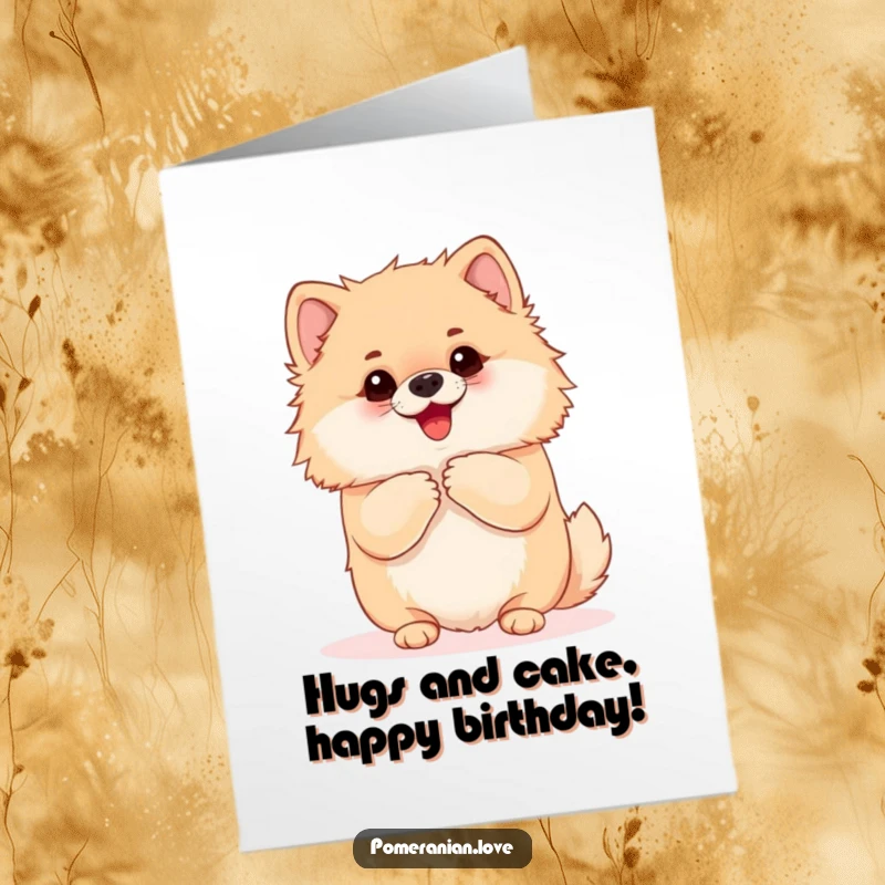 Funny Free Printable Birthday Card: A Pomeranian with an open mouth yaps excitedly, clearly begging for a big hug.