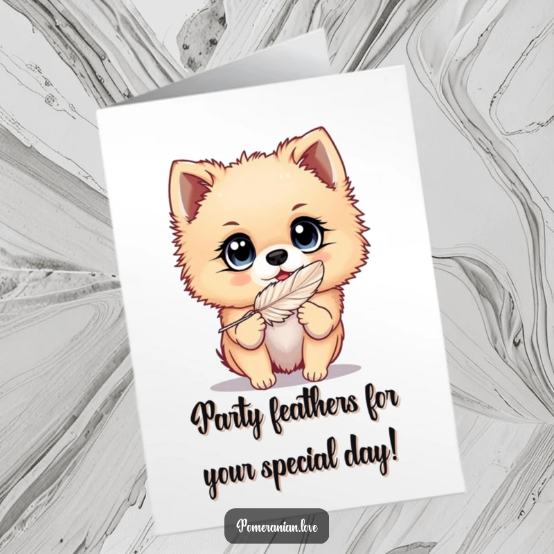 Funny Free Printable Birthday Card: Pomeranian with big, bright eyes gleefully playing with a feather, full of joy.
