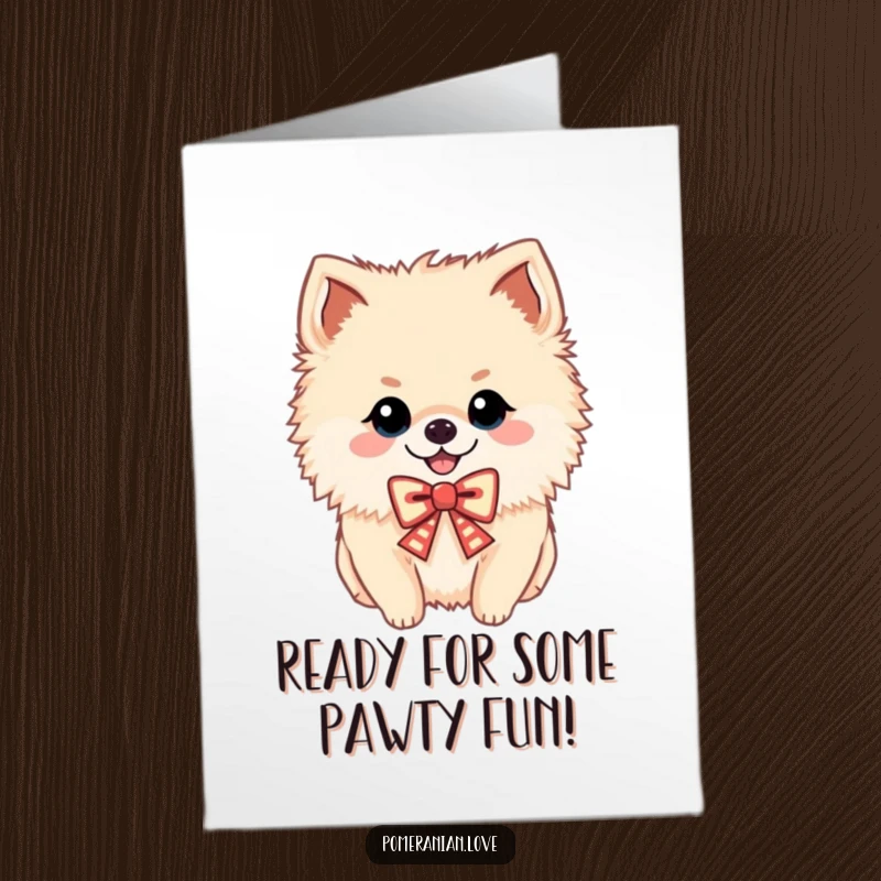 Funny Free Printable Birthday Card featuring a cheerful Pomeranian dog wearing a small, festive bow, radiating happiness.