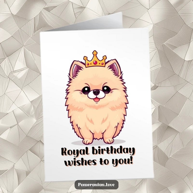 Funny free printable birthday card featuring a proud Pomeranian dog wearing a tiny golden crown.