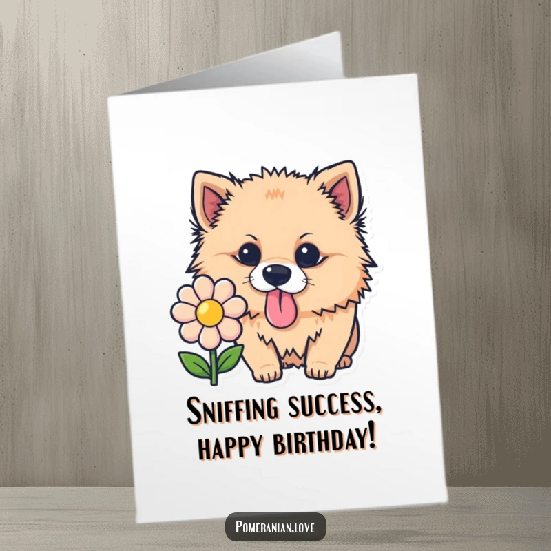 Funny Free Printable Birthday Card: Curios Pomeranian sniffing a stylized flower with its pink tongue out, ready to celebrate.