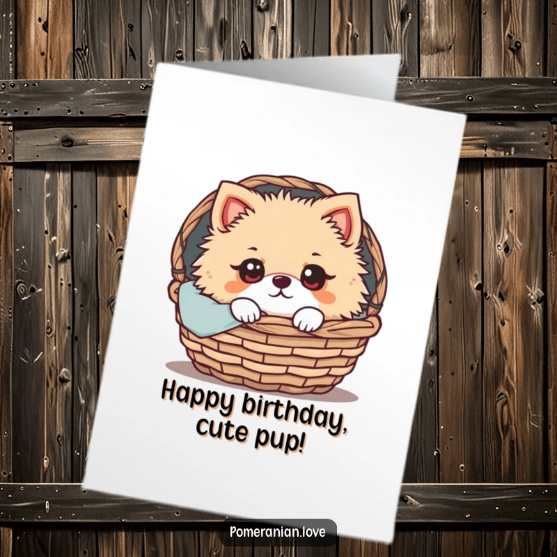 Funny Free Printable Pomeranian Birthday Card: Wide-eyed pomeranian peeking from a cozy basket, sweet for a birthday.