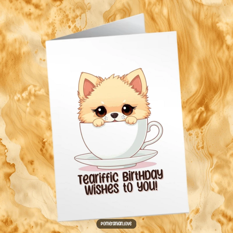 Funny Free Printable Birthday Card: Pomeranian with curious eyes peeking from an oversized teacup, cute and whimsical.