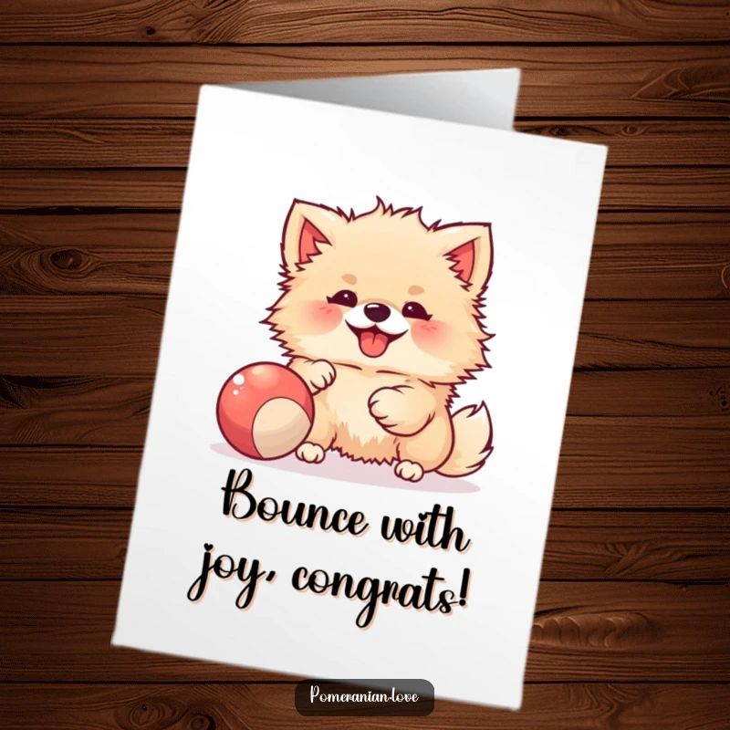 Funny free printable congratulations card showing a joyful Pomeranian yipping and playing energetically with a bouncy ball.