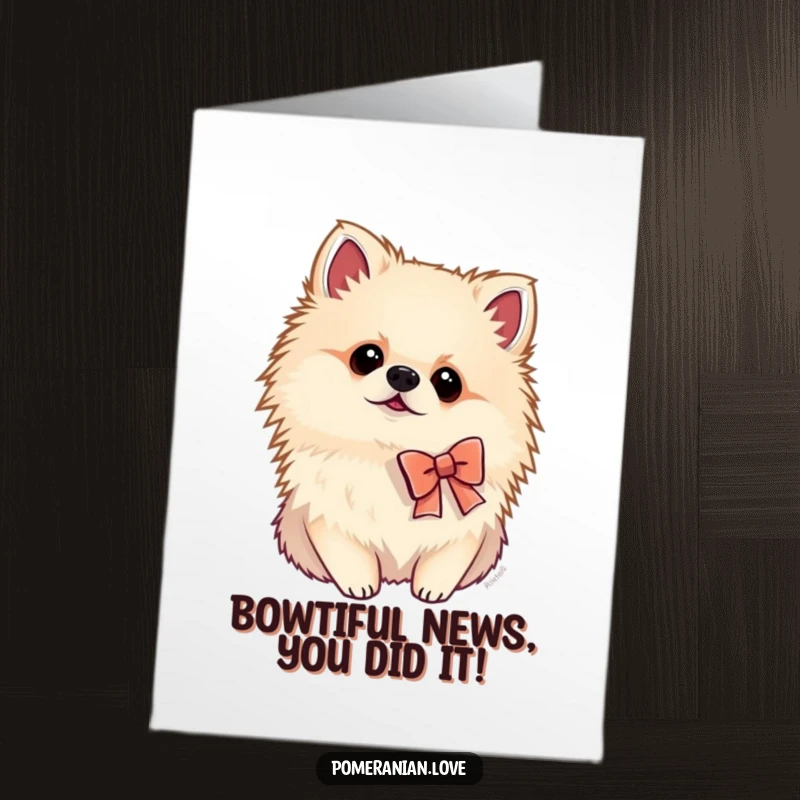 Funny Free Printable Congratulations Card: Cute Pomeranian in a bow tie, tilting its head in cute curiosity.