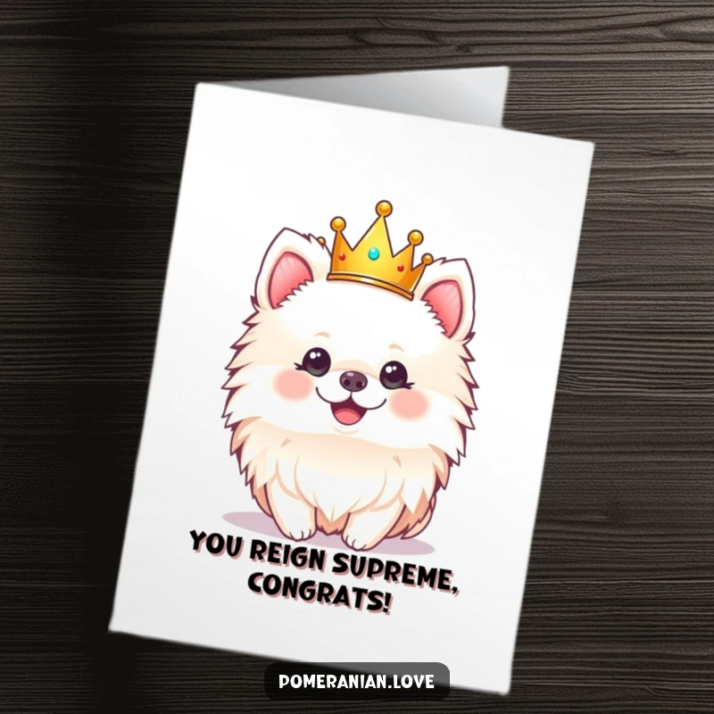 Funny Free Printable congratulations card showing a cheerful pomeranian sporting a tiny, majestic crown.