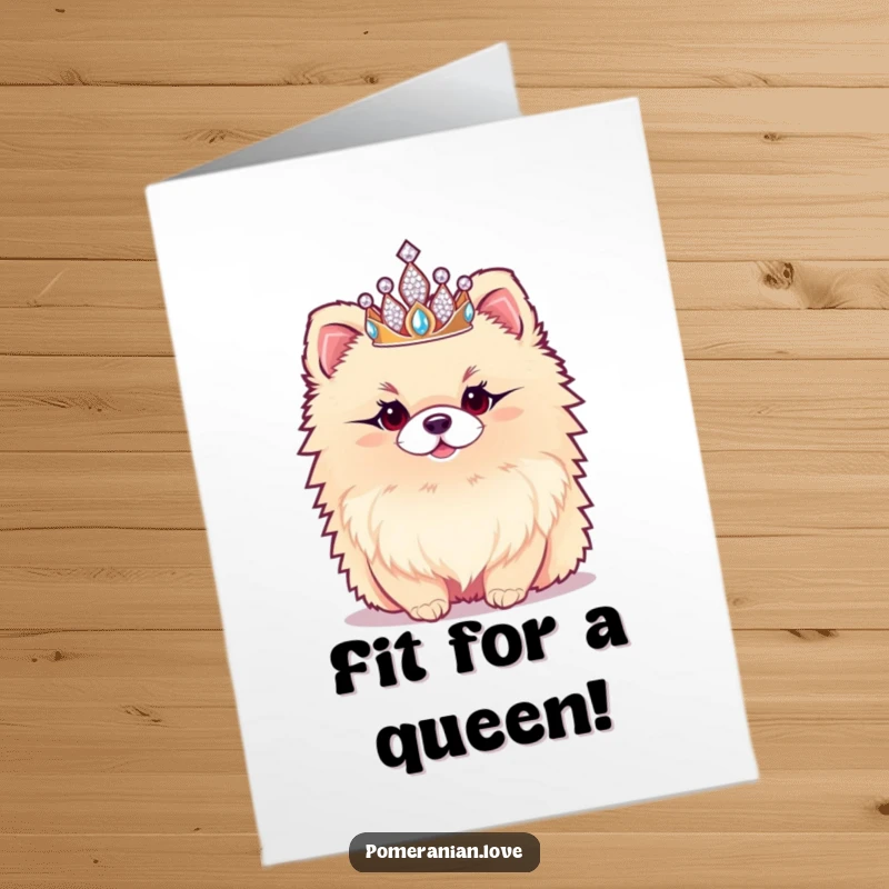 Funny Free Printable Congratulations Card: Regal fluffy Pomeranian in a tiny sparkly tiara, looking proud of an accomplishment.