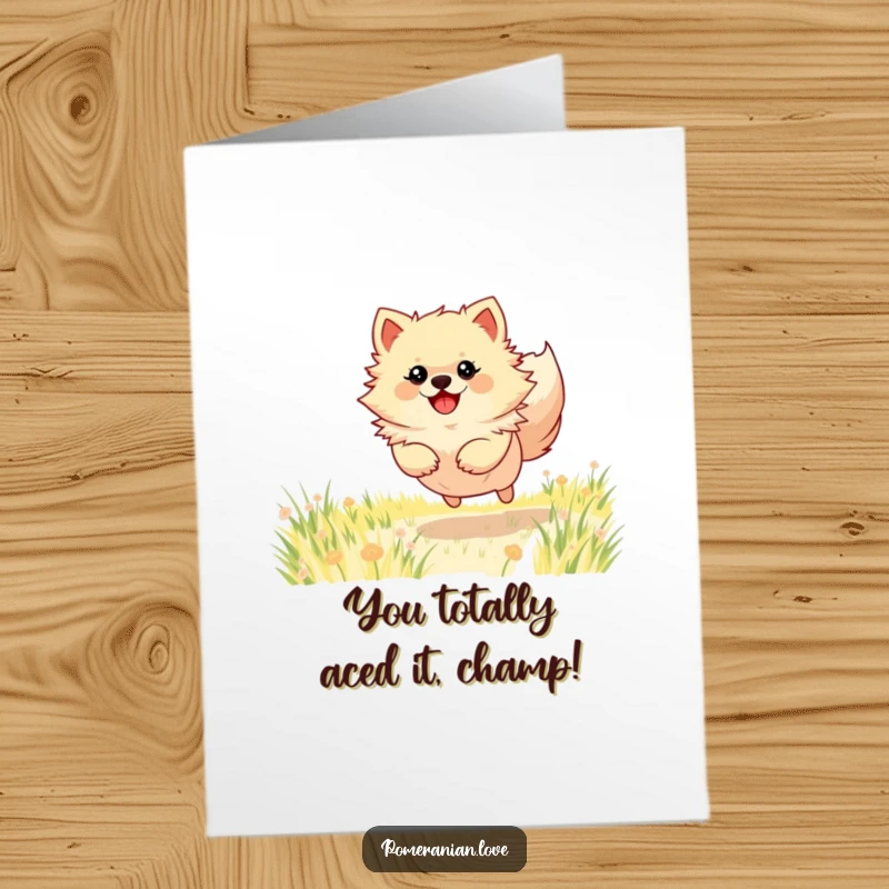 Funny Free Printable Congratulations Card: A fluffy Pomeranian dog leaping with joy through a vibrant green field.