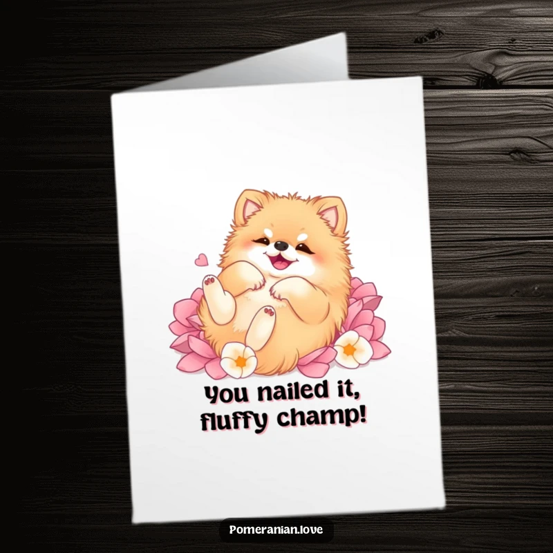 Funny Free Printable Congratulations Card: A delighted Pomeranian luxuriates on its back amidst a bed of colorful petals.