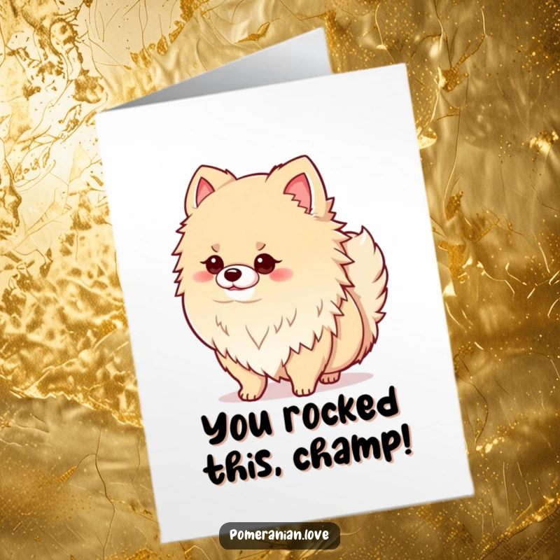 Funny Free Printable Congrats Card: Fluffy Pomeranian striking a proud pose, wagging its tail happily after a success, celebratory dog.