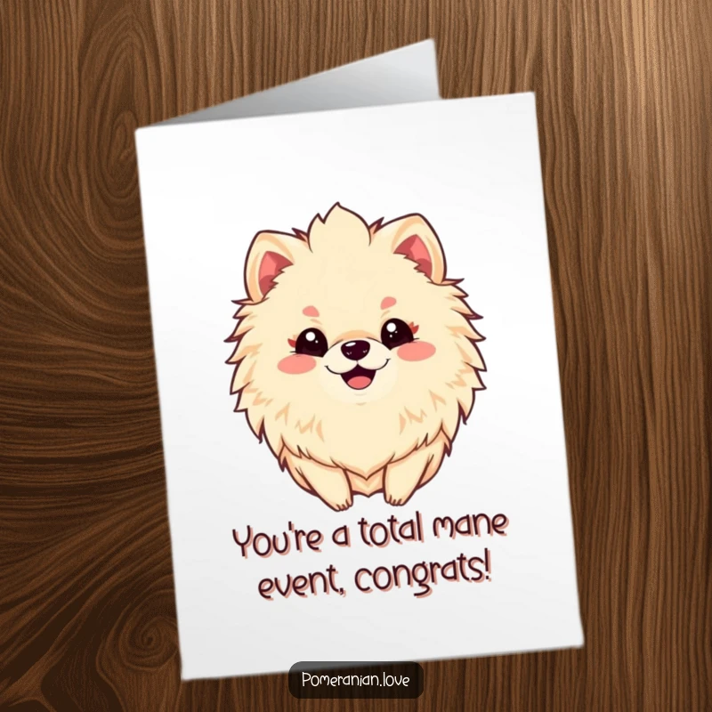 Funny Free Printable Congratulations Card of a smiling Pomeranian with a voluminous mane, symbolizing a glorious achievement.
