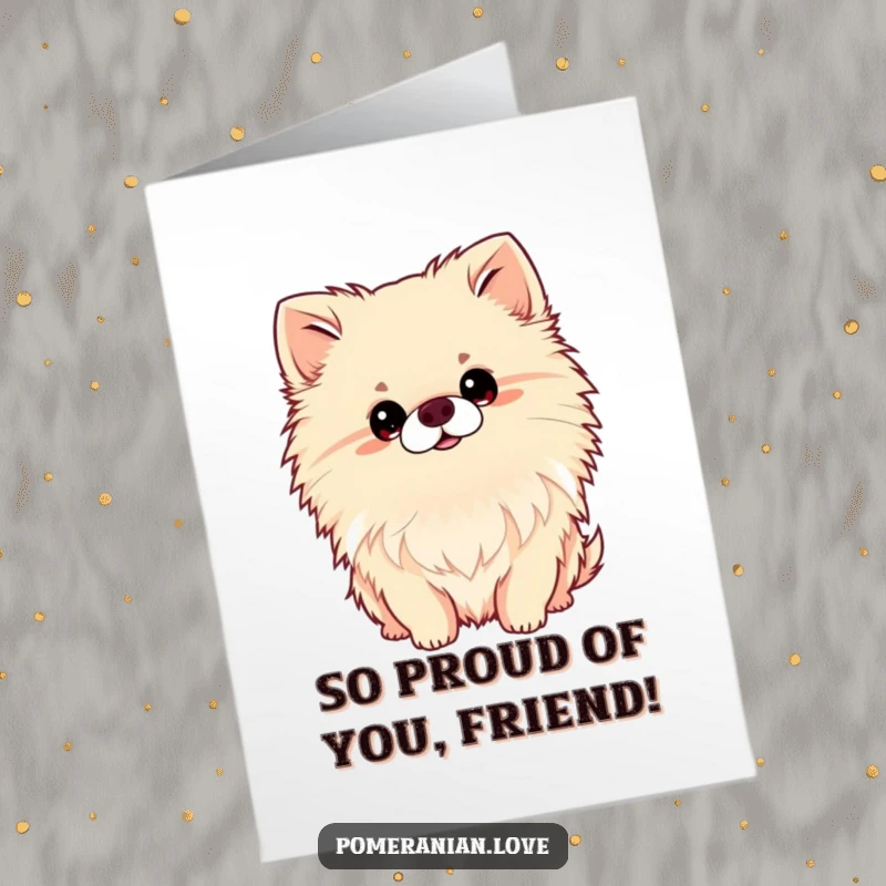 Funny Free Printable Congratulations Card: Cute Pomeranian tilting head inquisitively, perfect for sharing happy news.