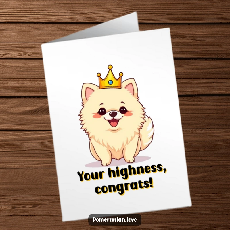 Free Printable Congratulations Card: A crowned Pomeranian wagging its tail in celebration, a funny way to cheer them on.