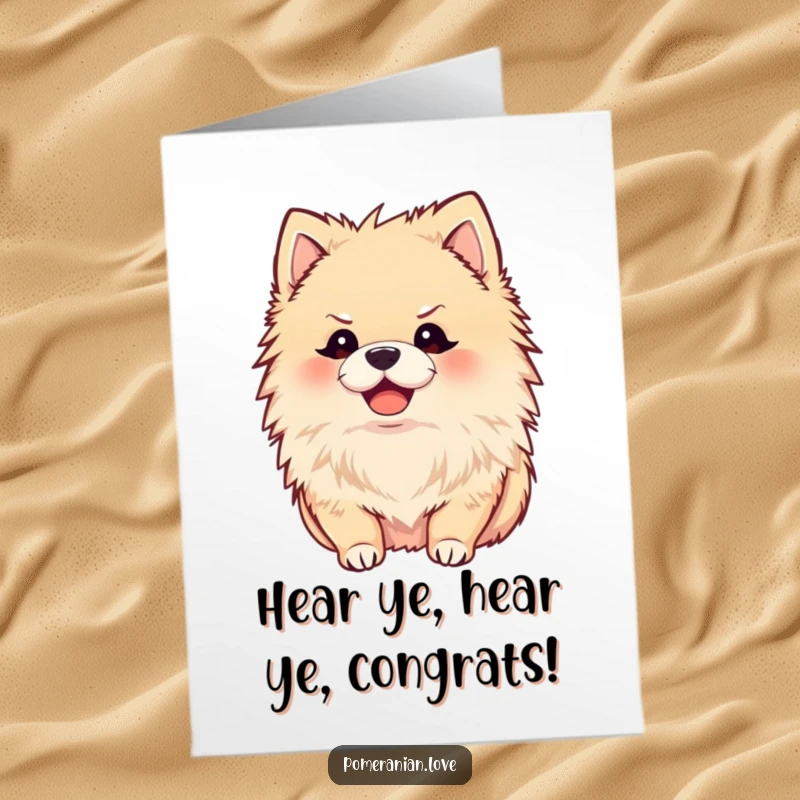 Funny Free Printable Congratulations Card of a joyful Pomeranian with ears perked, listening intently and ready to celebrate.