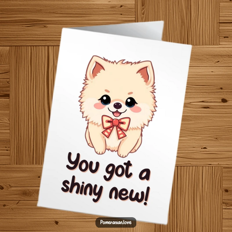 Funny Free Printable Congratulations Card of a cheerful Pomeranian dog sporting a festive bow, perfect for celebrating achievements.
