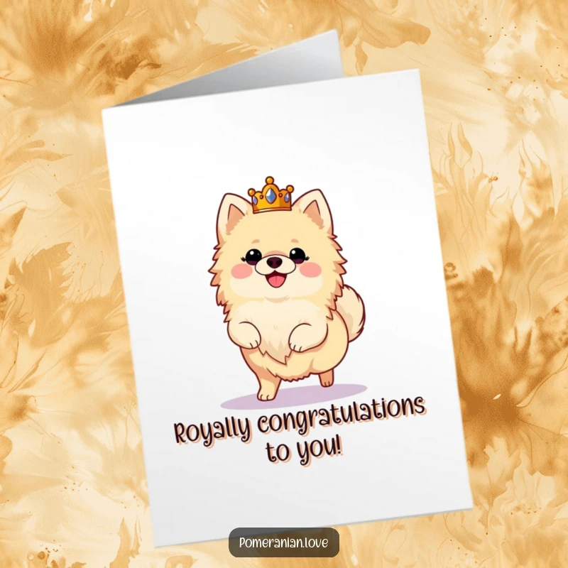 Funny Free Printable Congratulations Card: A crowned Pomeranian prancing joyfully, celebrating a noble achievement.