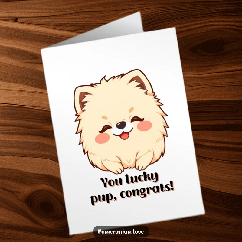 Free Printable Congratulations Card showing a pleased Pomeranian enjoying a head scratch, a funny way to say congrats.