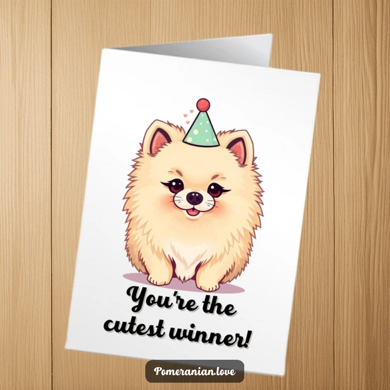 Funny Free Printable Congratulations Card: Fluffy Pomeranian wearing a tiny party hat, celebrating success with a perky smile.