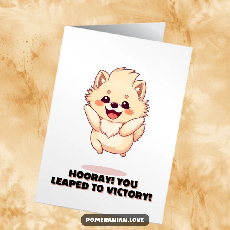 Funny Free Printable Congratulations Card: Energetic Pomeranian with fluffy mane, mid-spirited jump, celebrating victory.