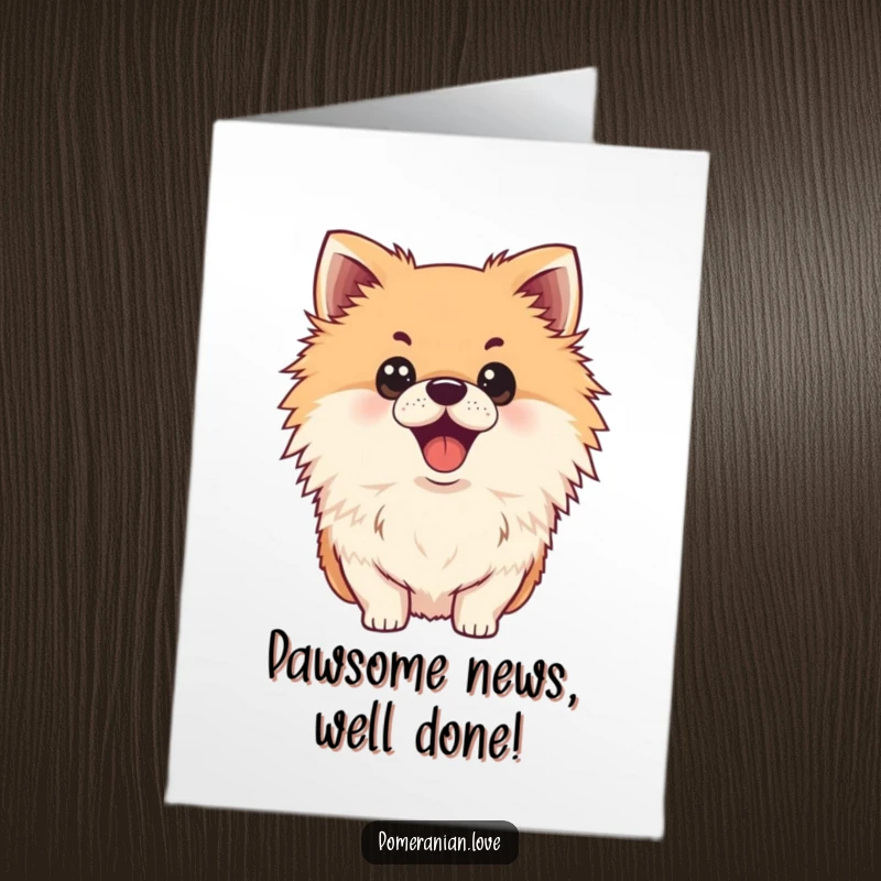 Funny Free Printable Congratulations Card showing a shocked Pomeranian dog, mouth agape, eyes wide with surprise and excitement.