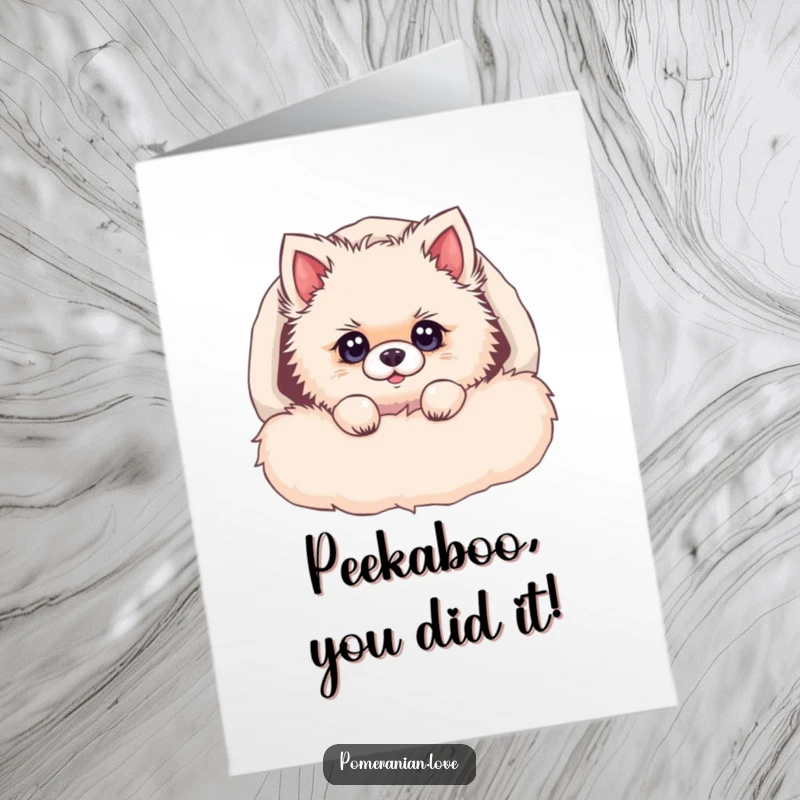 Funny Free Printable Congratulations Card featuring a curious Pomeranian peeking from a cozy bed, bright-eyed and ready to celebrate.